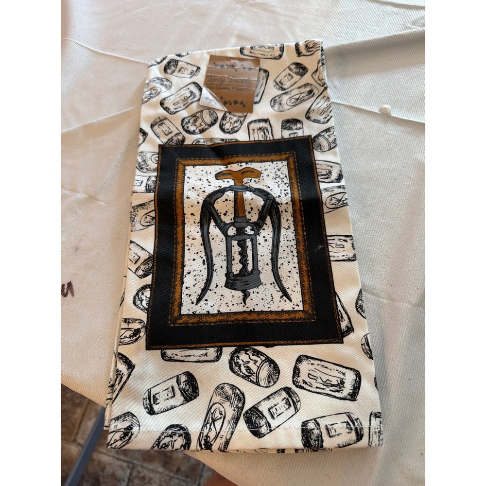 Tipsy Towels Wine Country Collection Corkscrew and Corks Kitchen Tea Towel NWT